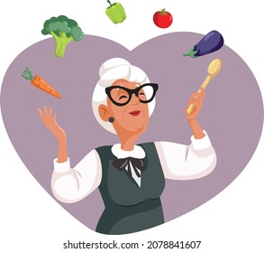 
Granny Cooking Juggling Vegetables Vector Illustration. Elderly Woman Preparing A Healthy Meal With Traditional Recipe 
