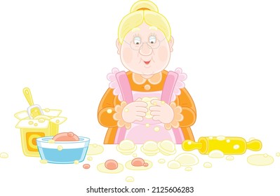 Granny cooking traditional homemade dumplings with dough and minced meat for a home celebration, vector cartoon illustration isolated on a white background