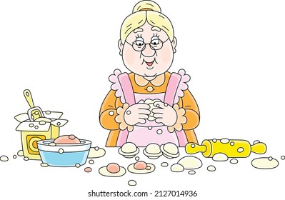 Granny cooking traditional homemade dumplings with dough and minced meat for a home celebration, vector cartoon illustration isolated on a white background