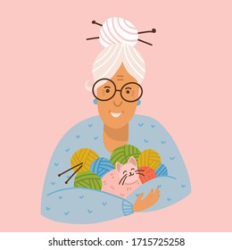 Granny doing knitwork. The gray-haired grandmother holds in her hands a lot of clews and a cat. Vector Illustration isolated on pink background