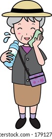Granny drinking water while out in the summer (whole body)