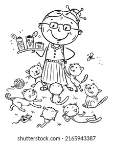 Granny feeding cats, cat lady outline vector illustration