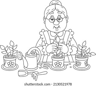 Granny Fiddling With Seedlings In Pots Before Planting In A Vegetable Garden, Black And White Vector Cartoon Illustration For A Coloring Book Page