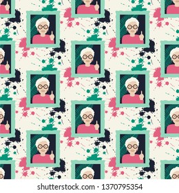 Granny in the frame. Vector illustration of seamless pattern.