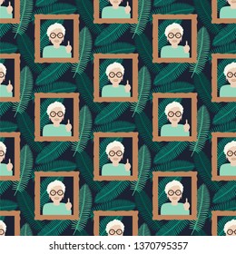 Granny in the frame. Vector illustration of seamless pattern.