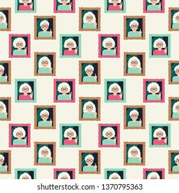 Granny in the frame. Vector illustration of seamless pattern.