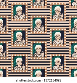 Granny in the frame. Vector illustration of seamless pattern.