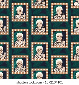 Granny in the frame. Vector illustration of seamless pattern.
