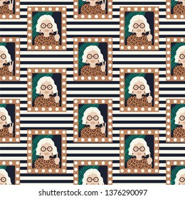 Granny in the frame. Vector illustration of seamless pattern.
