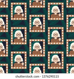 Granny in the frame. Vector illustration of seamless pattern.