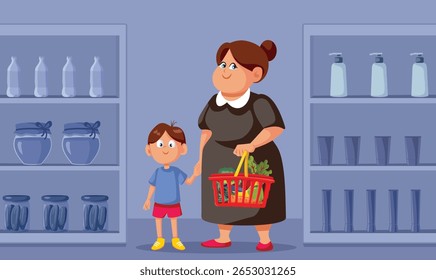 
Vovó e netinho comprando em um supermercado vetor desenhos animados. Vovó levando o neto para fazer compras no mercado 