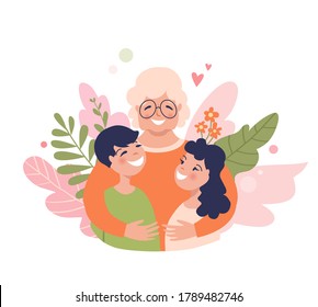 Granny and grandchildren are hugging, happy grandmother with smiling kids. Senior Insurance concept illustration, family relations vector.