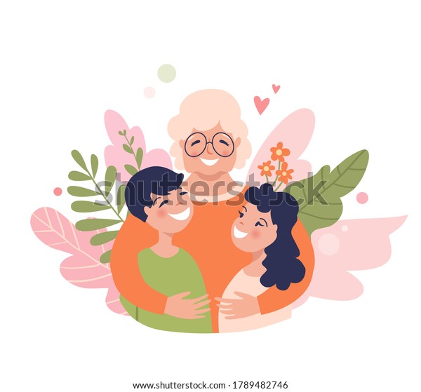 Granny and grandchildren are hugging, happy\
grandmother with smiling kids. Senior Insurance concept\
illustration, family relations\
vector.