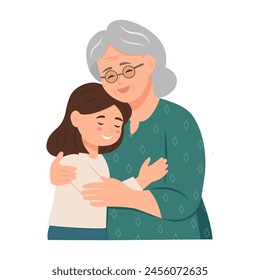 Granny and granddaughter are hugging each other. Family relationship.Grandparents Day. Vector Illustration