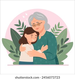 Granny and granddaughter are hugging each other. Family relationship.Grandparents Day. Vector Illustration