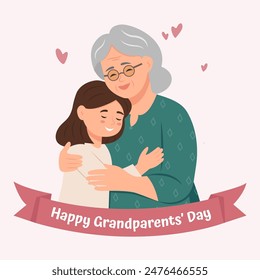 Granny and granddaughter are hugging each other. Family relationship.Grandparents Day. Vector Illustration