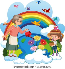 Granny and granddaughter on the beautiful world illustration