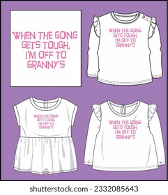 GRANNY GRAPHIC DESIGN WITH VARIOUS MOCK UP BABY GIRLS FRILL FULL SLEEVE T SHIRT, SKIRT DRESS, FULL SLEEVE TYPES VECTOR ILLUSTRATION