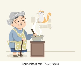 Granny Happily Cooking Food While Kitty Cat Drooling Over Her Food. Cute Granny Flat Vector Design. Cute Cat And Granny Scene. Flat Isolated Vector Illustration.