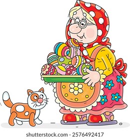 Granny with her funny cat carrying a dish with colorfully painted Easter eggs for a traditional holiday table, vector cartoon illustration on a white background