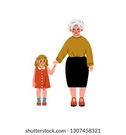 Granny and Her Granddaughter Standing and Holding Hands, Elderly Woman Daily Activity Vector Illustration