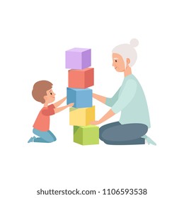Granny and her little grandson sitting on the floor and playing with toy cubes, grandmother spending time playing with grandson vector Illustration on a white background