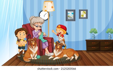 Abuela con sus sobrinos en la ilustración de la sala de estar