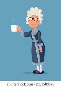 Granny Holding a Cup of Tea Vector Cartoon Illustration. Senior woman wearing a bathrobe drinking a hot beverage against cold
