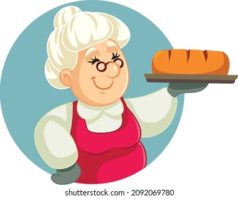 
Granny Holding Freshly Baked Bread Vector Cartoon
Senior cook making a load of break with traditional recipe
