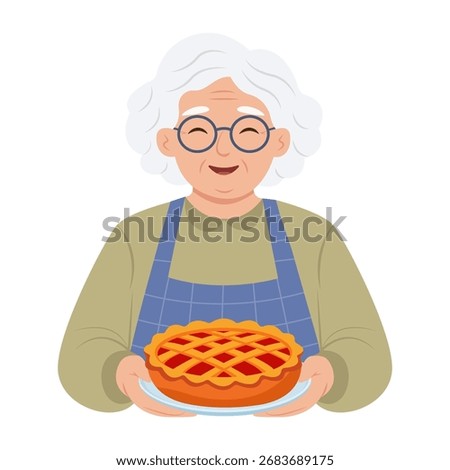 Granny Holding a homemade pie. Funny senior lady cooking a hot homemade meal. Vector Illustration
