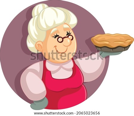 Granny Holding a Pie Vector Cartoon Illustration. Funny senior lady cooking a hot homemade meal 
