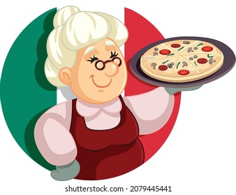 Abuela Con Caricatura Tradicional Del Vector De Pizza Dish. Chef de alto nivel que sirve un plato mediterráneo
