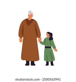 Granny and kid hold hands. Old woman and little girl in dresses stand together. Grandmother loves grandchild, cares about child. Family bonding. Flat isolated vector illustration on white background