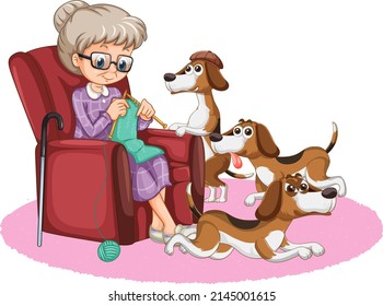 Granny knitting and beagle dogs illustration