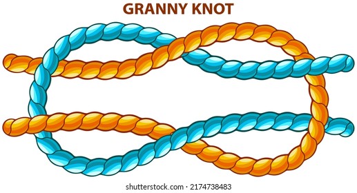 Granny knot isolated on white. Binding and fastening unit for permanent bracing. Modification of straight knot where first loop makes two turns. Node is tied under tension. Twisted brown tape