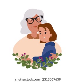 Granny and niece are hugging each other. smiling happy. Family relationship the concept of insurance for seniors and their children's education. Card design Pictures and messages instead of love.