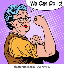 Granny old woman gesture we can do it. The power of confidence pop art retro style