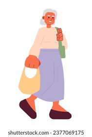 Granny old woman going shopping 2D cartoon character. Older shopper isolated vector person white background. Elderly lady holding bags. Female senior grocery shopping color flat spot illustration