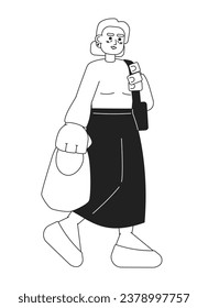 Granny old woman going shopping black and white 2D cartoon character. Older shopper isolated vector outline person. Elderly lady holding bags. Senior groceries monochromatic flat spot illustration