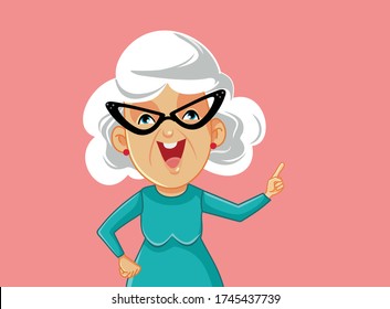 Granny Pointing Finger Having an Idea. Senior woman presenting with forefinger indicating copy space
