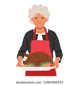 Granny Proudly Holds A Tray With A Freshly Baked Turkey, Emanating Enticing Aromas, Showcasing Her Culinary Prowess And Love For Family Gatherings And Delicious Feasts. Cartoon Vector Illustration