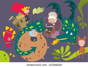 Granny is reading fairy tales to her grandchildren