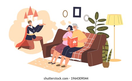 Granny reading story about prince and fairy castle to granddaughter before sleep. Grandmother telling fairytale to grandchild sitting on coach. Cartoon flat vector illustration