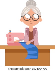 Granny sewing machine, illustration, vector on white background.