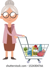 Granny in shopping, illustration, vector on white background.