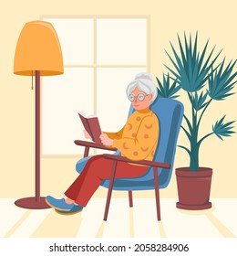 Granny sits in a chair near the window and reads a book. An old woman is resting. A floor lamp and a palm tree stand side by side. Vector illustration in flat style.