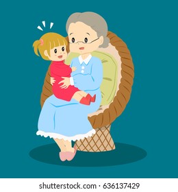 granny sitting happily in a rattan chair with her granddaughter on her lap