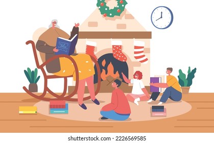 Granny Sitting on Rocking Chair Read Book to Little Girls and Boys Characters near Decorated Fire Place at Xmas Eve Night. Children Listen Christmas Magic Stories. Cartoon People Vector Illustration