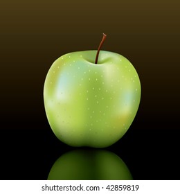granny smith apple on a dark shiny surface