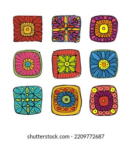 Granny square crochet. Knitted wear. Folk art motif with flowers. Vector illustration